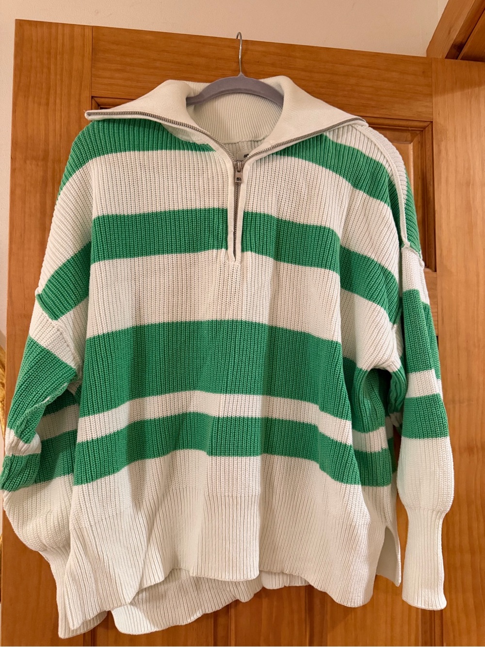 Women’s Half-Zip Striped Sweater Pullover - Green & White